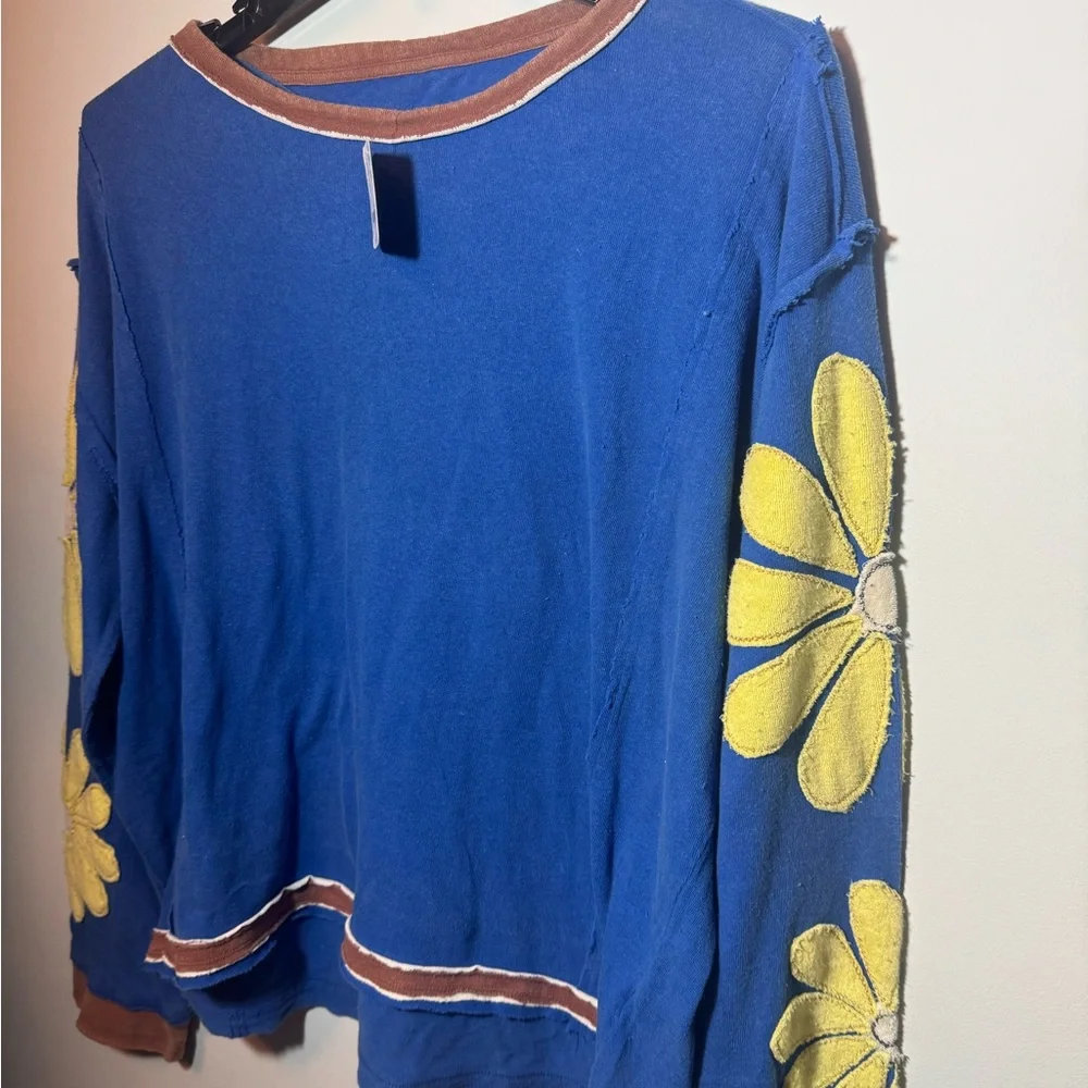 Free People Blue and Yellow Floral Long Sleeve Top - Picture 2 of 3